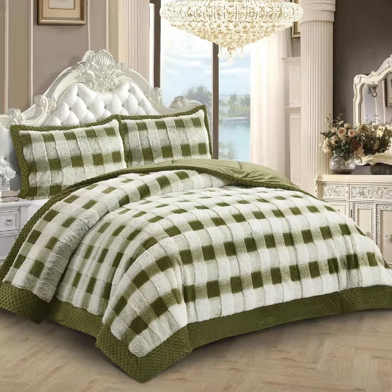 Plaid Comforter Set with Faux-Fur Texture