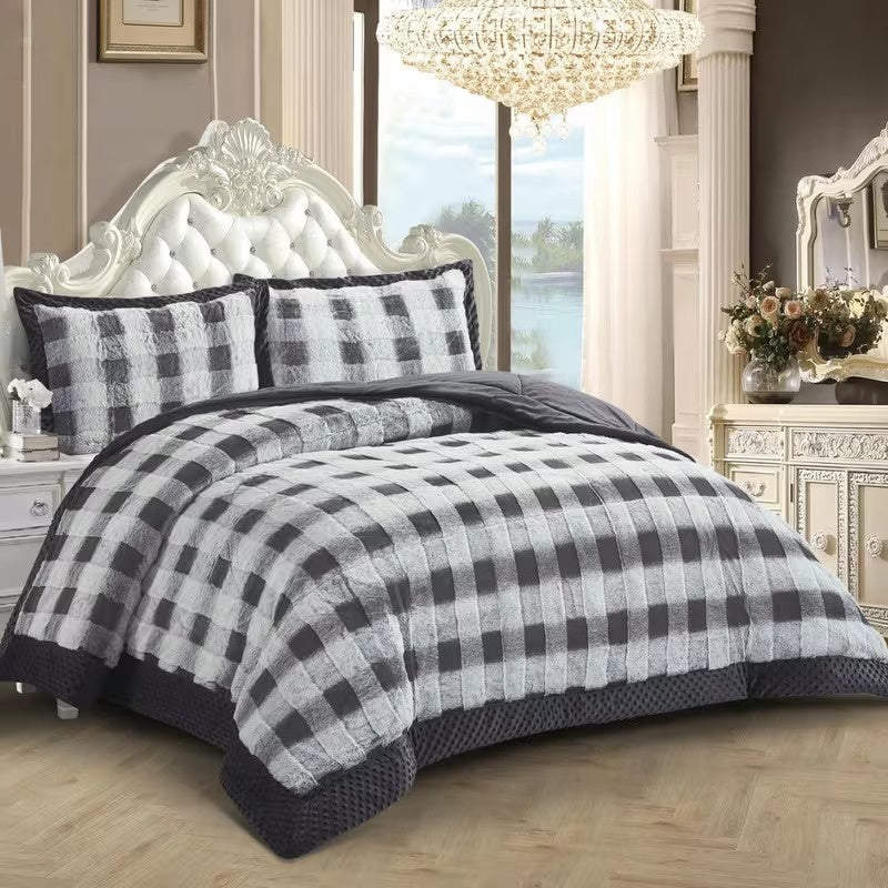 Plaid Comforter Set with Faux-Fur Texture