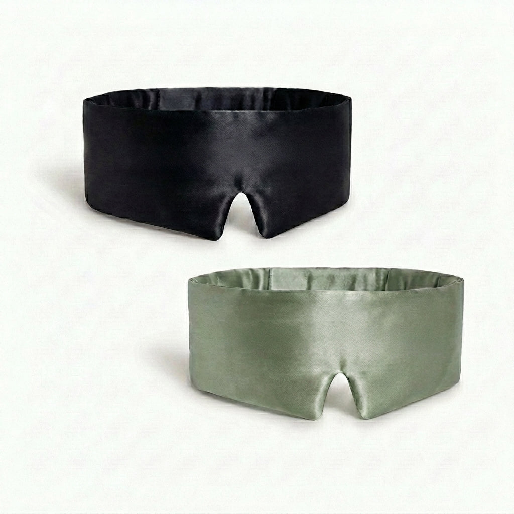 Silk Eye Mask and Pouch Set, Black & Sage