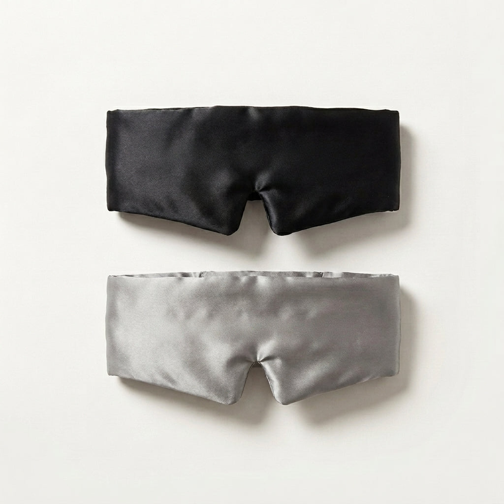 Silk Eye Mask and Pouch Set, Black & Silver